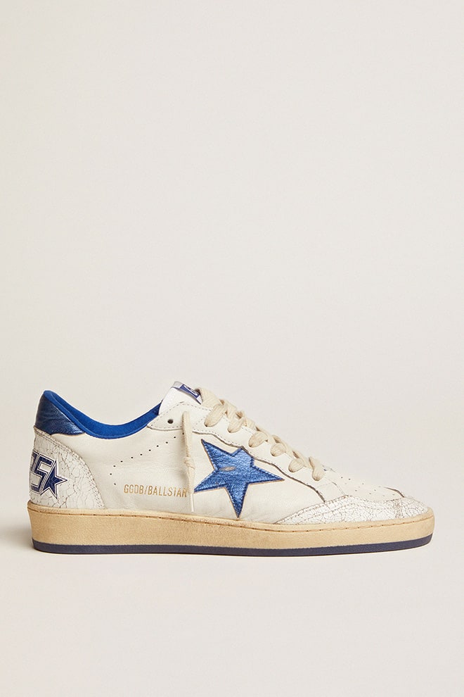 Ball Star pour femme en cuir nappa blanc avec étoile et contrefort en cuir lamé bleuet