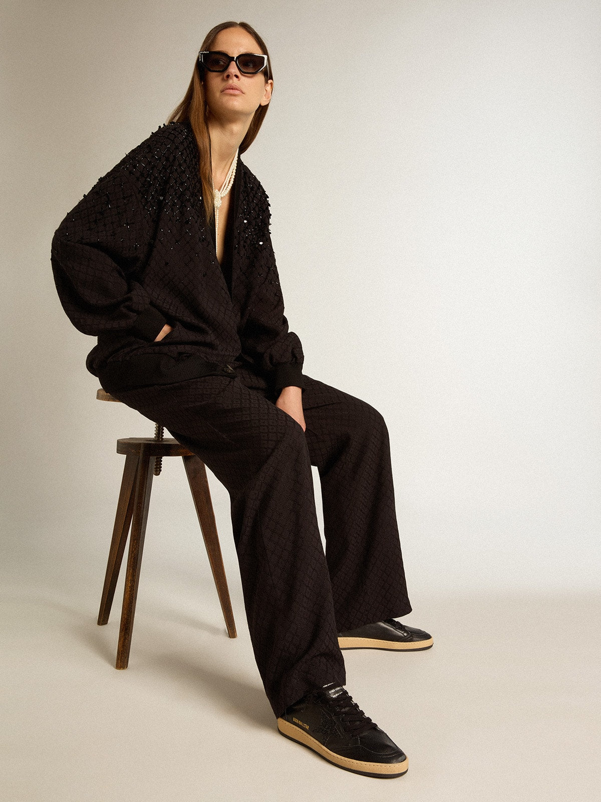 Ball Star pour femme en cuir nappa noir avec étoile à paillettes noires et contrefort en daim