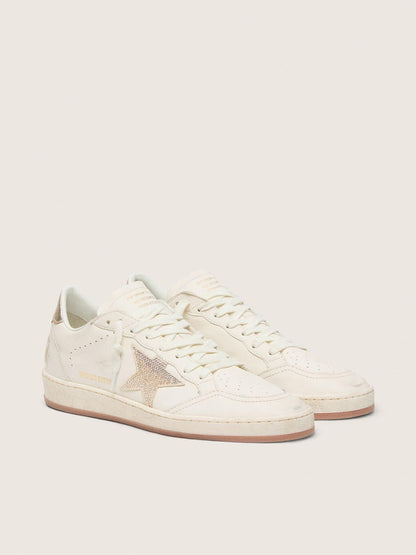 Ball Star femme en cuir blanc, étoile avec cristaux et empiècement lamé