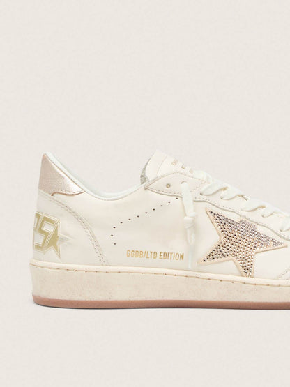 Ball Star femme en cuir blanc, étoile avec cristaux et empiècement lamé