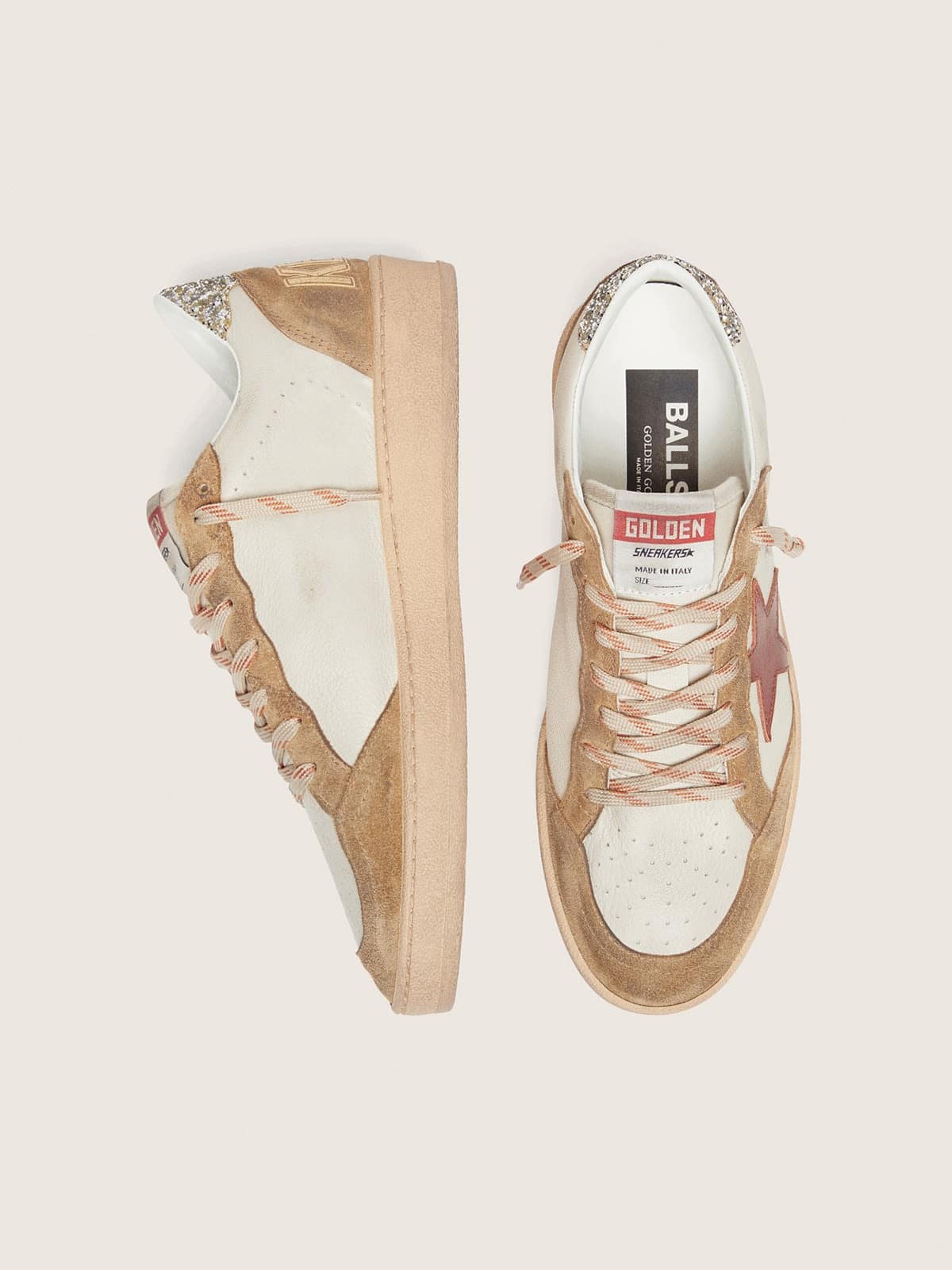 Ball Star femme en cuir crème avec étoile en cuir brique et empiècements en cuir velours