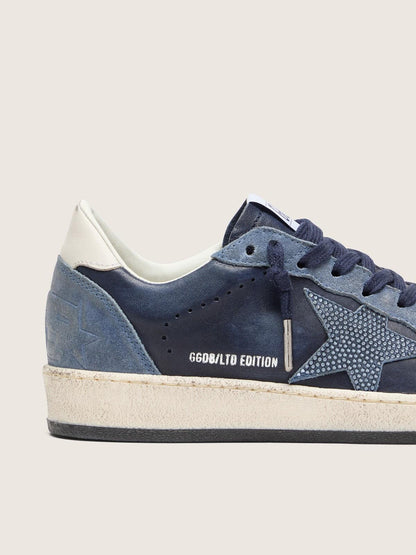 Ball Star LTD femme en cuir bleu foncé avec étoile en cristaux Swarovski bleu ciel et empiècements en cuir velours