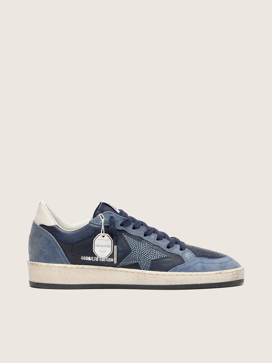 Ball Star LTD femme en cuir bleu foncé avec étoile en cristaux Swarovski bleu ciel et empiècements en cuir velours