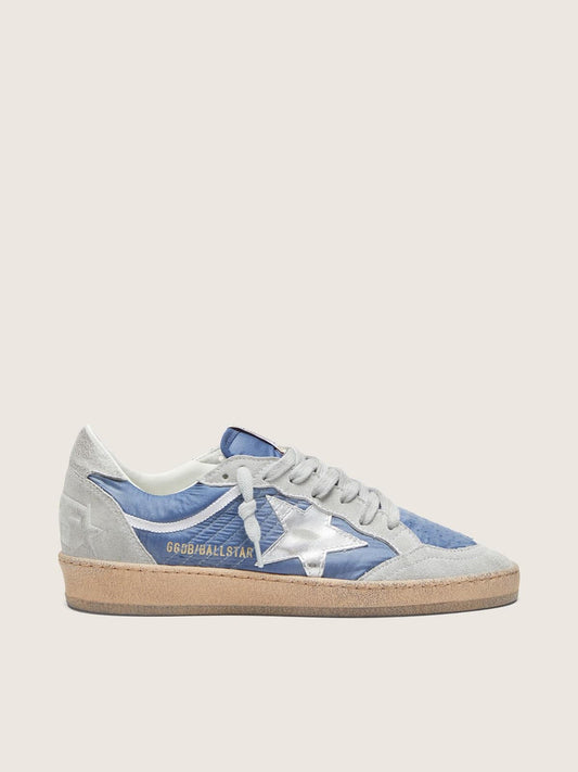 Ball Star femme en nylon bleu denim avec empiècements en cuir velours gris clair et étoile en cuir lamé argenté
