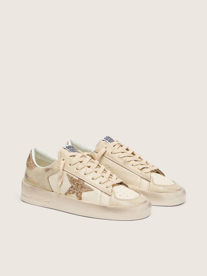 Stardan pour femme en cuir nappa écru avec étoile et contrefort à paillettes dorées