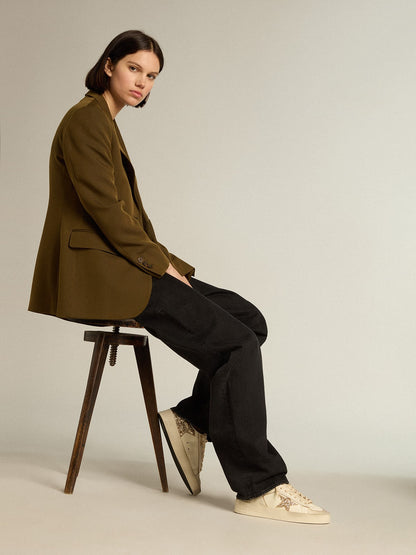 Stardan pour femme en cuir nappa écru avec étoile et contrefort à paillettes dorées