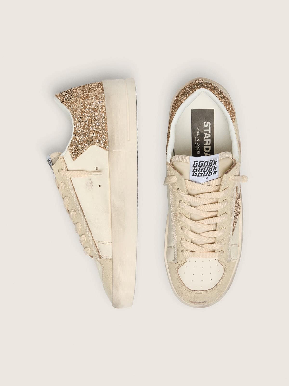 Stardan pour femme en cuir nappa écru avec étoile et contrefort à paillettes dorées