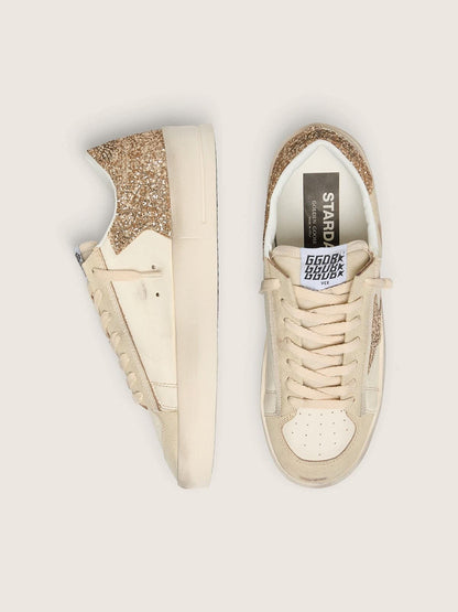 Stardan pour femme en cuir nappa écru avec étoile et contrefort à paillettes dorées