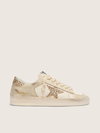 Stardan pour femme en cuir nappa écru avec étoile et contrefort à paillettes dorées
