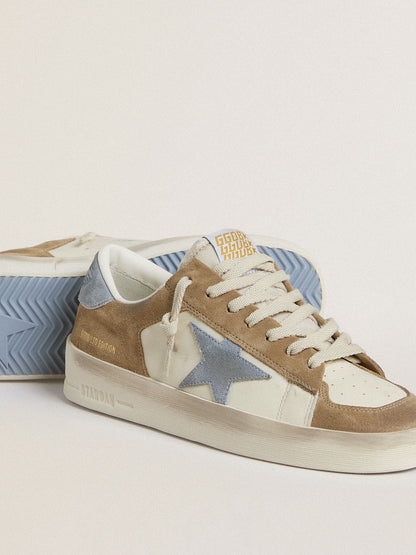 Stardan LTD en cuir blanc et cuir velours tabac avec étoile et contrefort en cuir velours bleu ciel