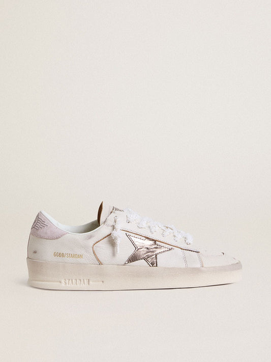 Stardan en cuir nappa avec étoile en cuir lamé argenté et contrefort en daim rose