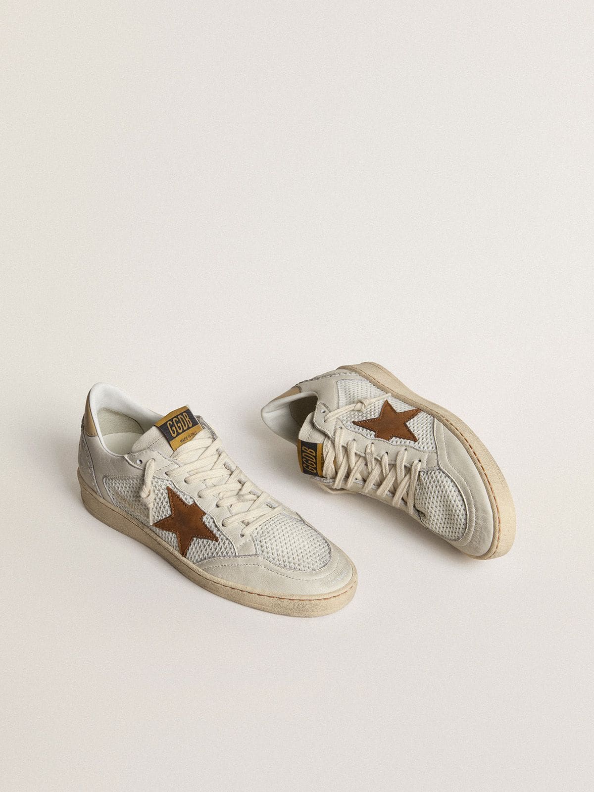 Ball Star femme en cuir nappa et résille blanche avec étoile en cuir nubuck tabac et contrefort beige