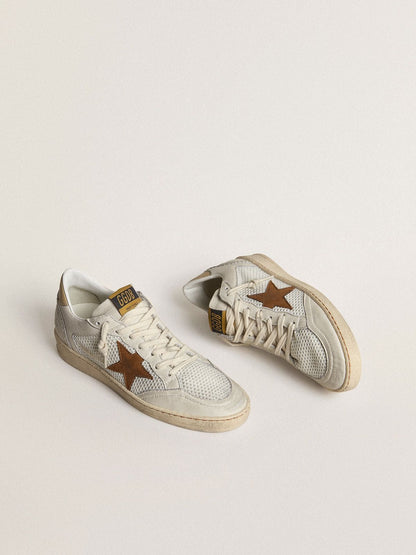 Ball Star femme en cuir nappa et résille blanche avec étoile en cuir nubuck tabac et contrefort beige