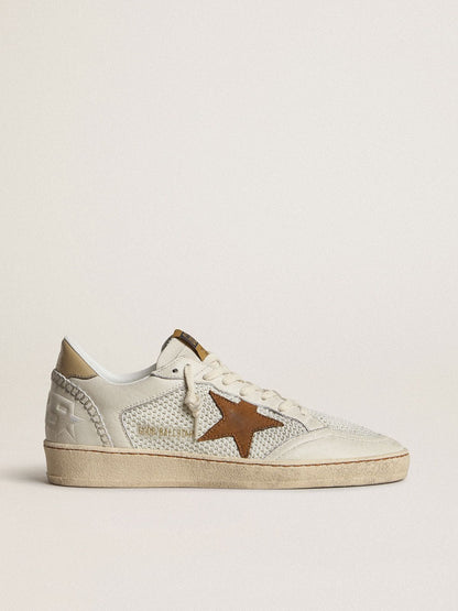 Ball Star femme en cuir nappa et résille blanche avec étoile en cuir nubuck tabac et contrefort beige