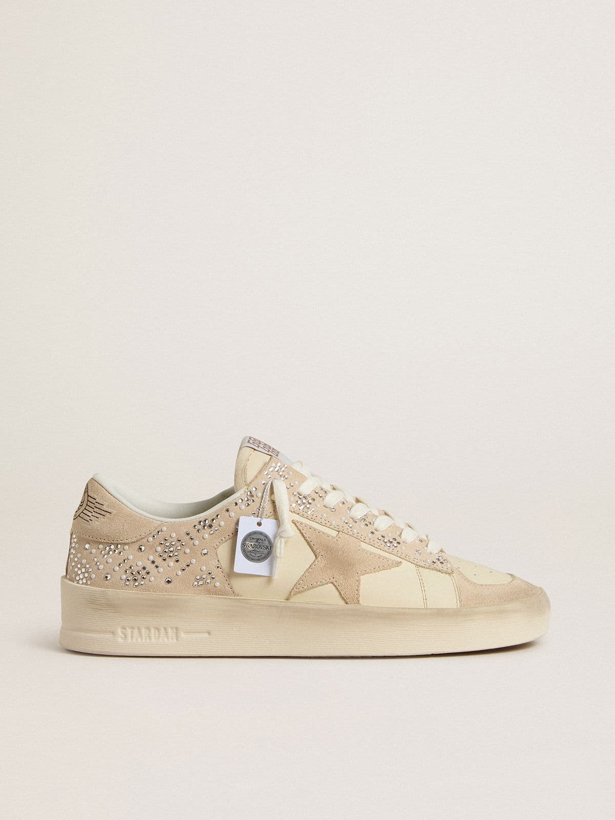 Stardan en daim et en cuir couleur crème avec cristaux Swarovski et étoile en daim