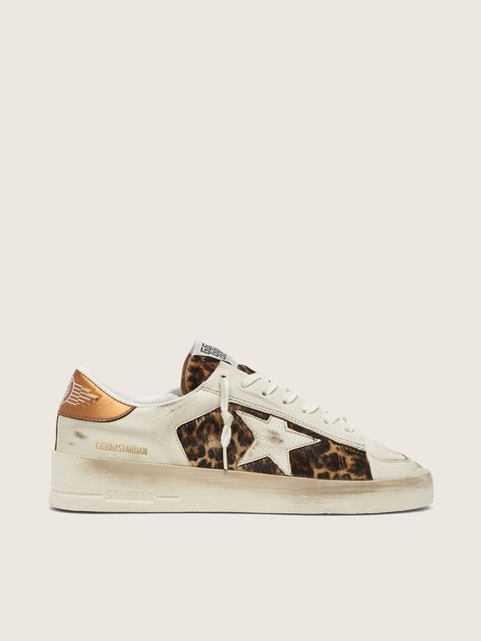Stardan femme en cuir blanc et cuir façon poulain motif léopard avec étoile en cuir blanc