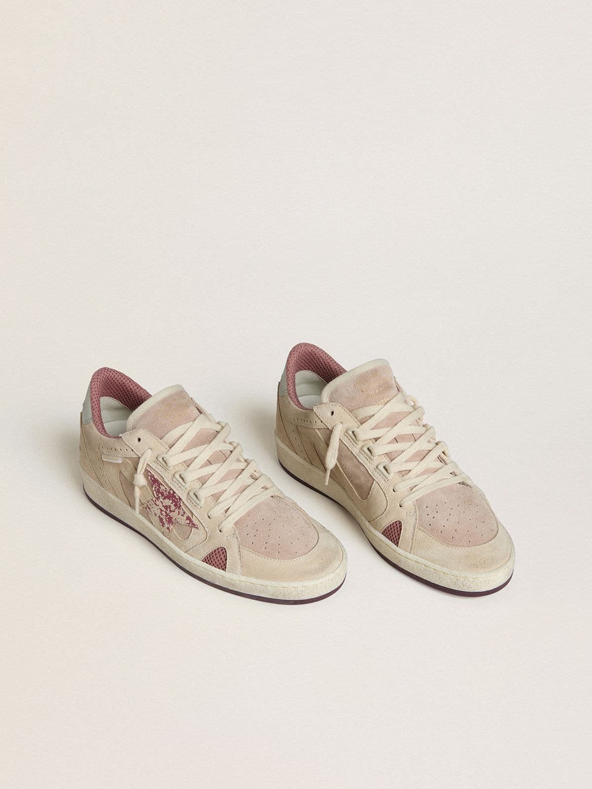 Ball Star LTD pour femme en cuir velours rose et beige avec contrefort en cuir gris perle