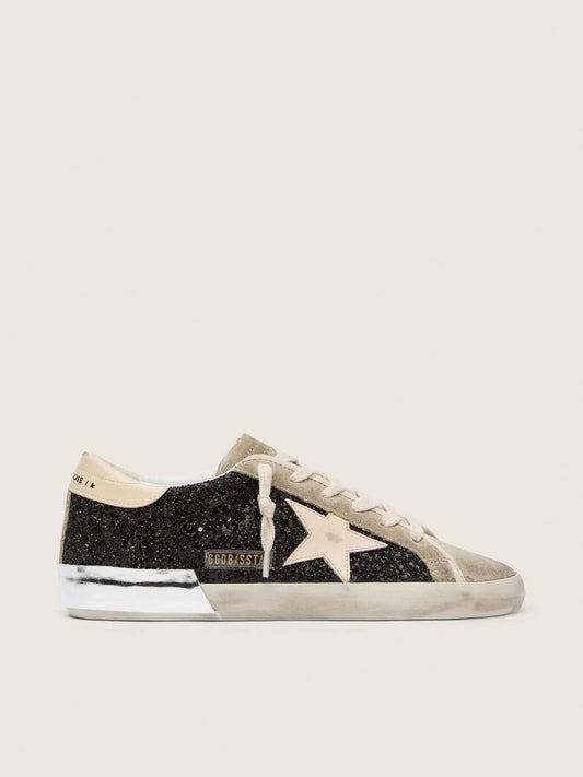 Super-Star à paillettes noires avec étoile crème et empiècements en daim