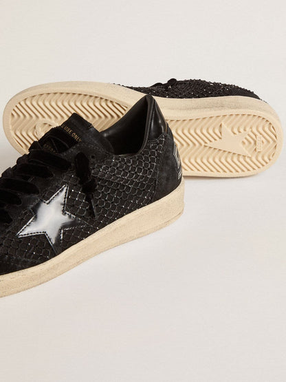 Ball Star pour femme en résille avec cristaux Swarovski, étoile et contrefort en cuir lamé noir
