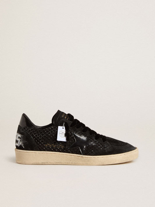 Ball Star pour femme en résille avec cristaux Swarovski, étoile et contrefort en cuir lamé noir