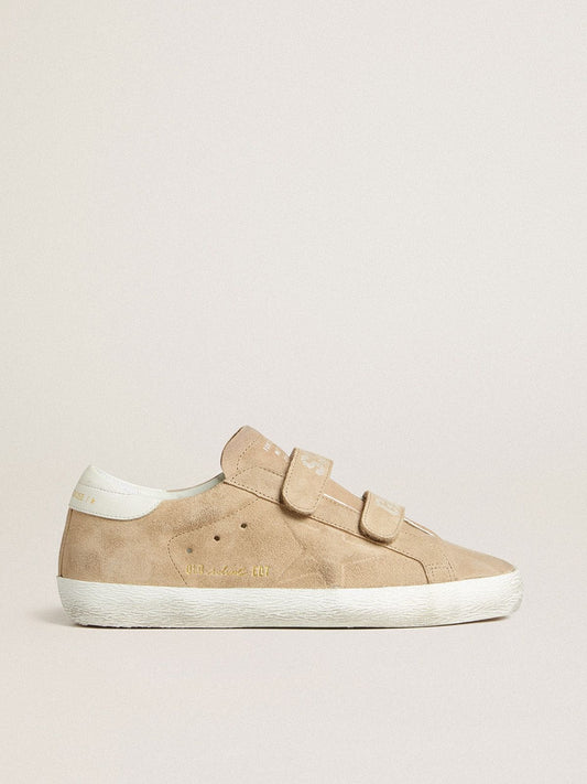 Old School pour femme en daim beige avec contrefort en cuir blanc