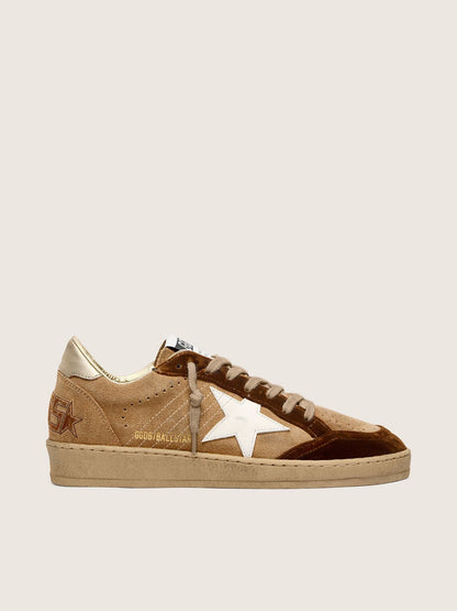 Ball Star pour femme en cuir velours tabac avec étoile en cuir blanc et empiècements en velours cognac