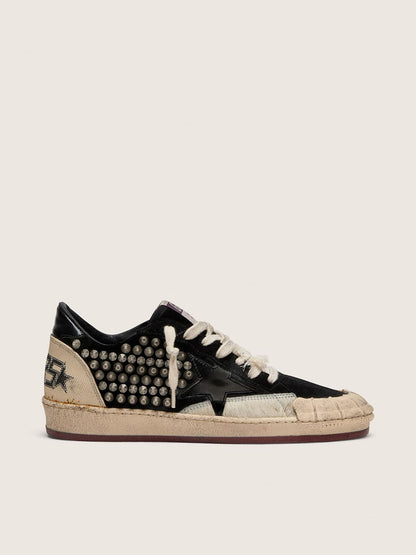 Ball Star LAB pour femme en daim noir avec cabochons et étoile en cuir noir brillant
