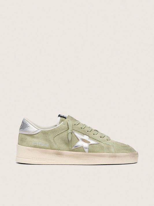 Stardan femme en cuir velours vert sauge avec étoile lamée argentée