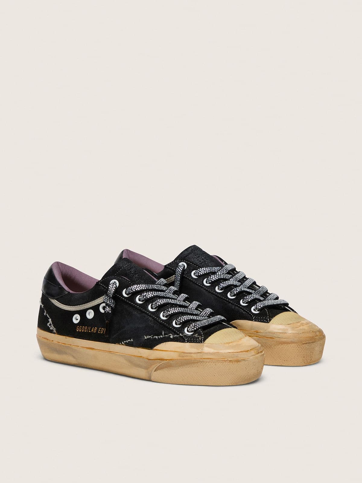 Super-Star LAB pour femme en daim laminé noir et nylon avec étoile en relief et lacets à cristaux