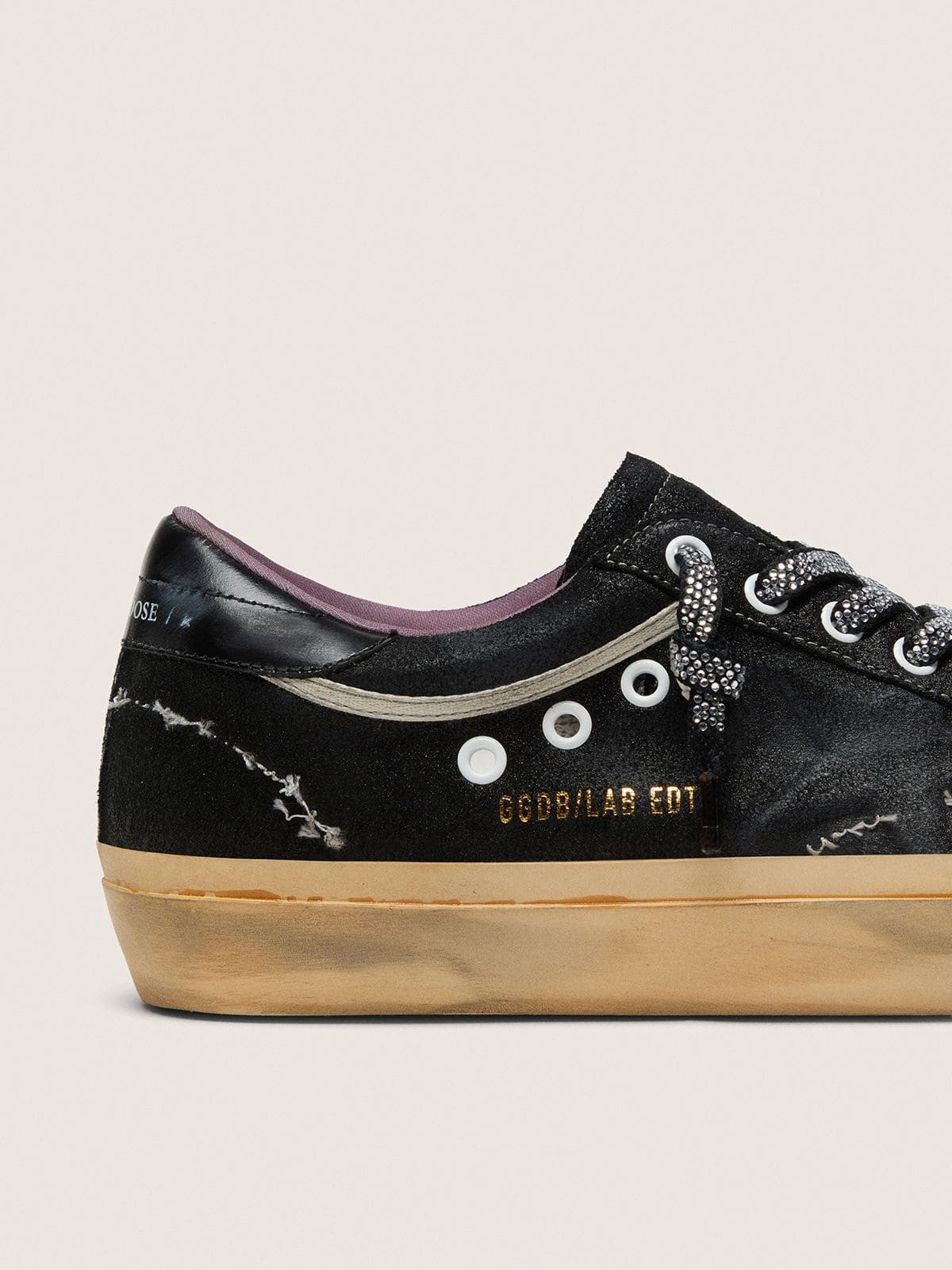 Super-Star LAB pour femme en daim laminé noir et nylon avec étoile en relief et lacets à cristaux