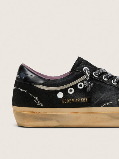 Super-Star LAB pour femme en daim laminé noir et nylon avec étoile en relief et lacets à cristaux