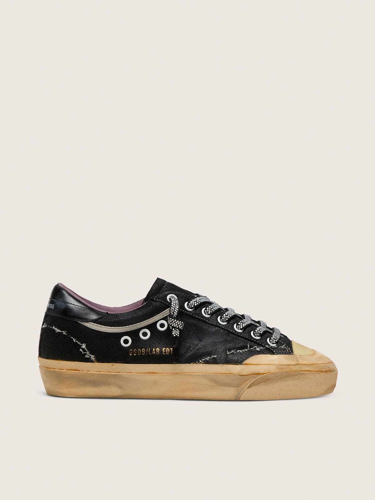 Super-Star LAB pour femme en daim laminé noir et nylon avec étoile en relief et lacets à cristaux