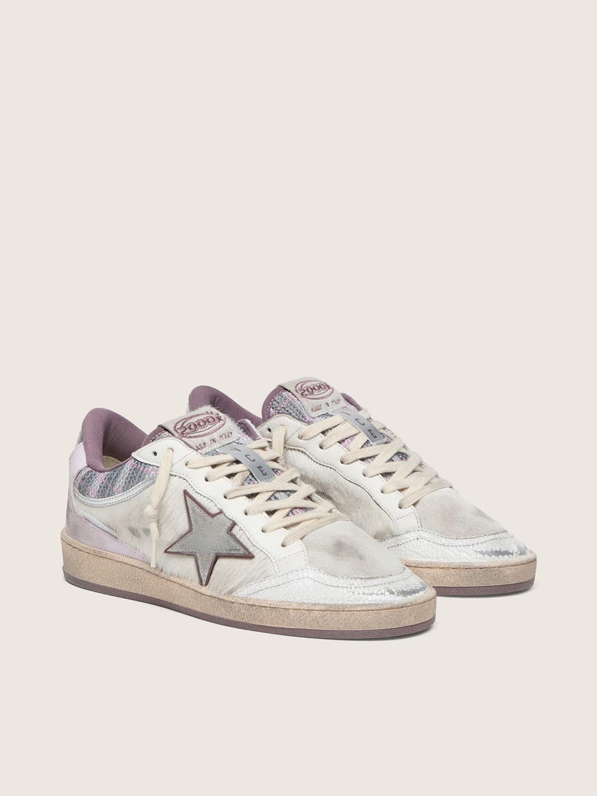 Ball Star LAB femme en nylon et cuir façon poulain blanc avec étoile argentée et empiècements lilas