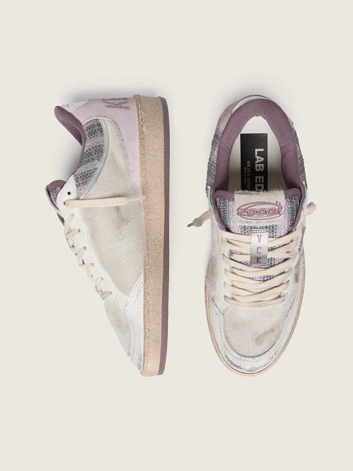 Ball Star LAB femme en nylon et cuir façon poulain blanc avec étoile argentée et empiècements lilas