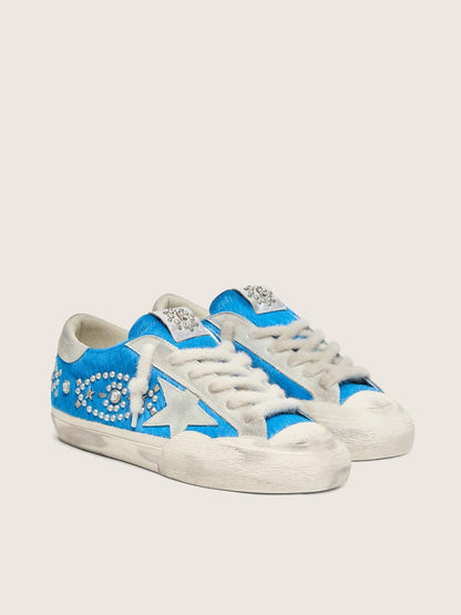 Super-Star LAB pour femme en cuir façon poulain bleu vif avec étoile en daim et clous