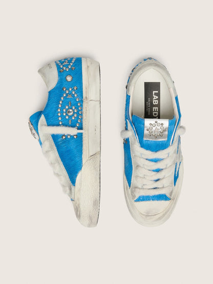 Super-Star LAB pour femme en cuir façon poulain bleu vif avec étoile en daim et clous