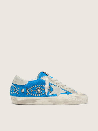 Super-Star LAB pour femme en cuir façon poulain bleu vif avec étoile en daim et clous